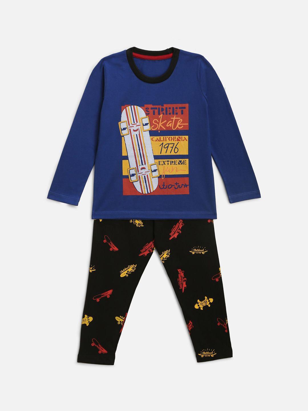 here&now boys blue & black printed night suit