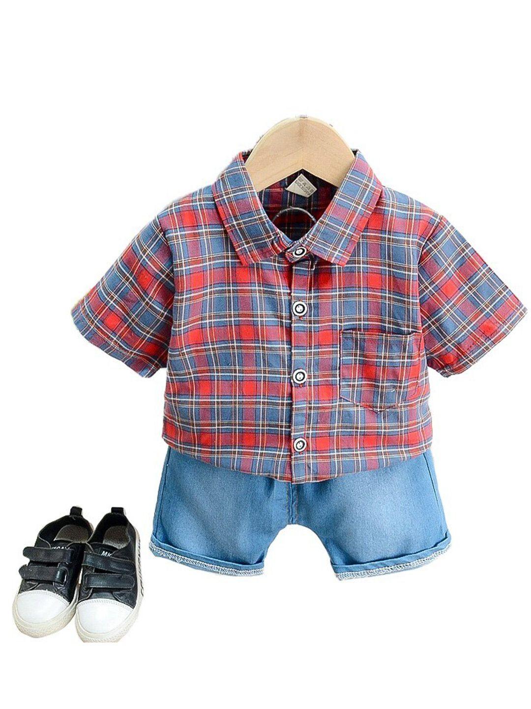 here&now boys blue & red checked shirt with shorts