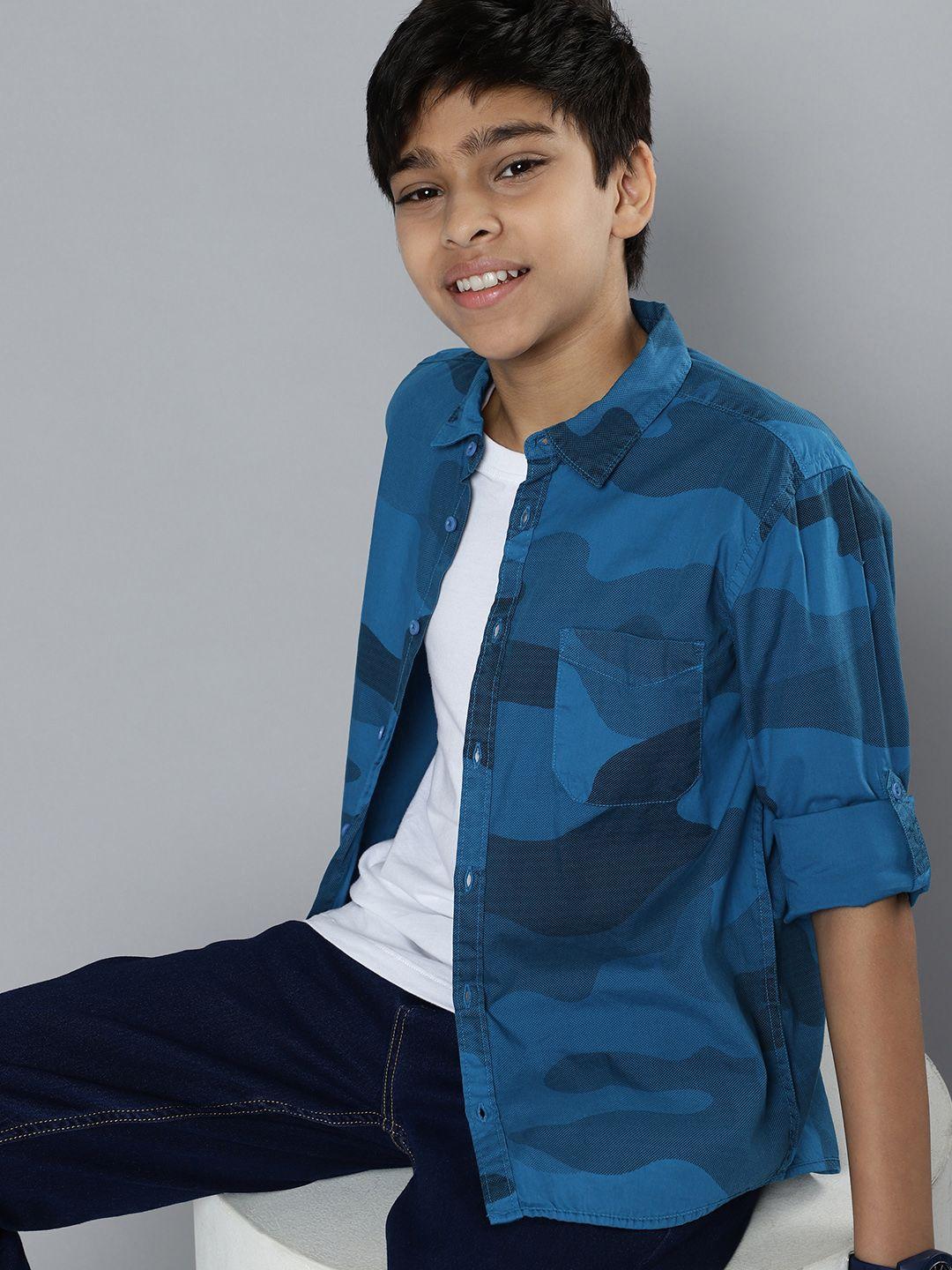 here&now boys blue camouflage printed regular fit cotton casual shirt