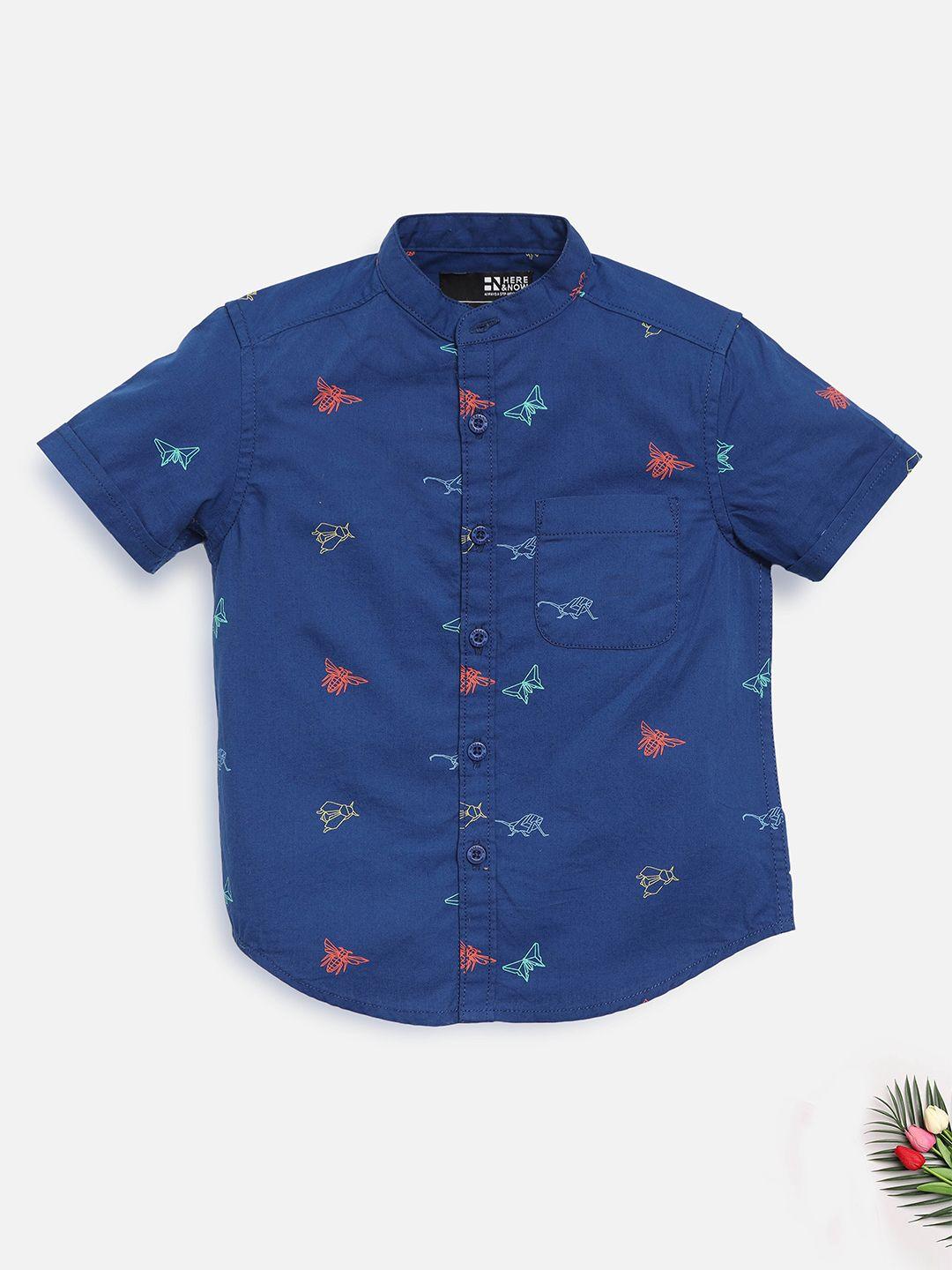 here&now boys blue printed cotton slim fit casual shirt