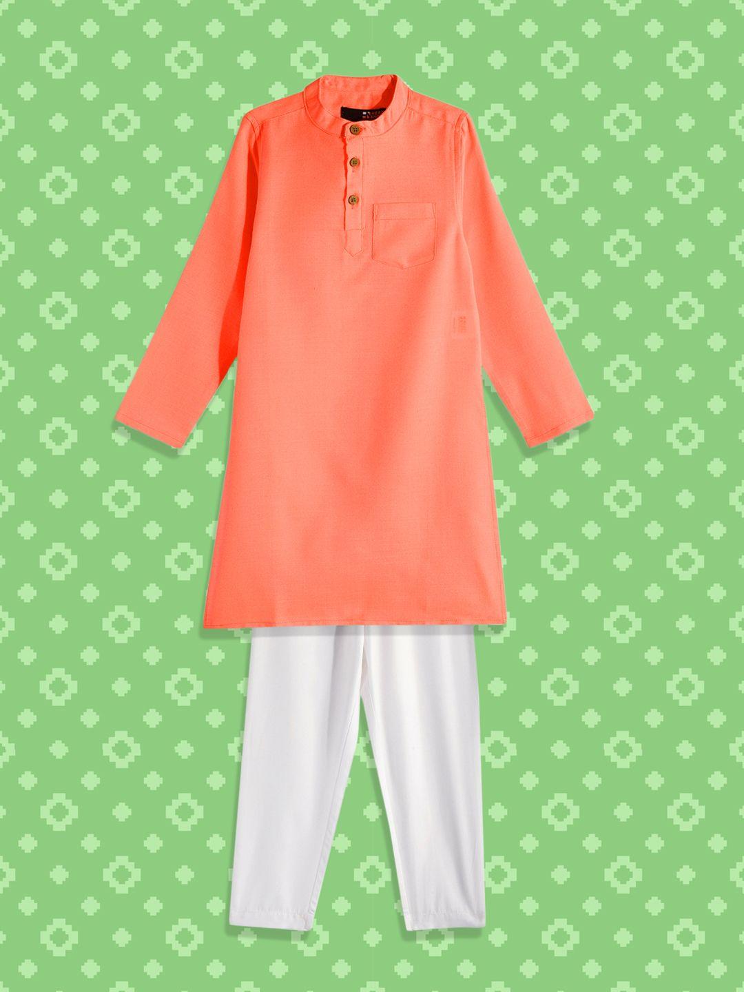 here&now boys coral red solid kurta with trousers