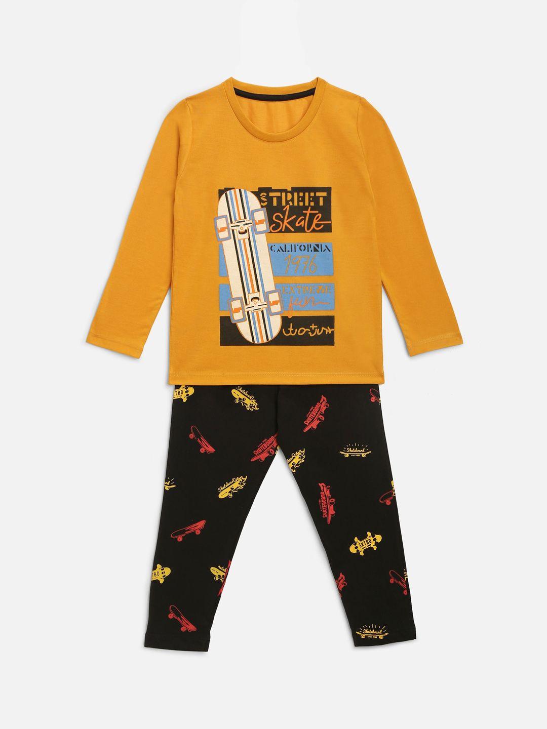 here&now boys mustard & black printed night suit