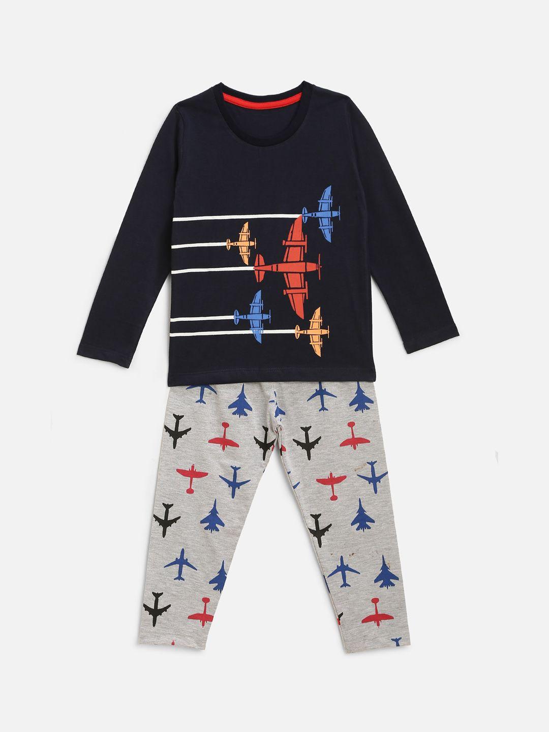 here&now boys navy blue & grey printed night suit