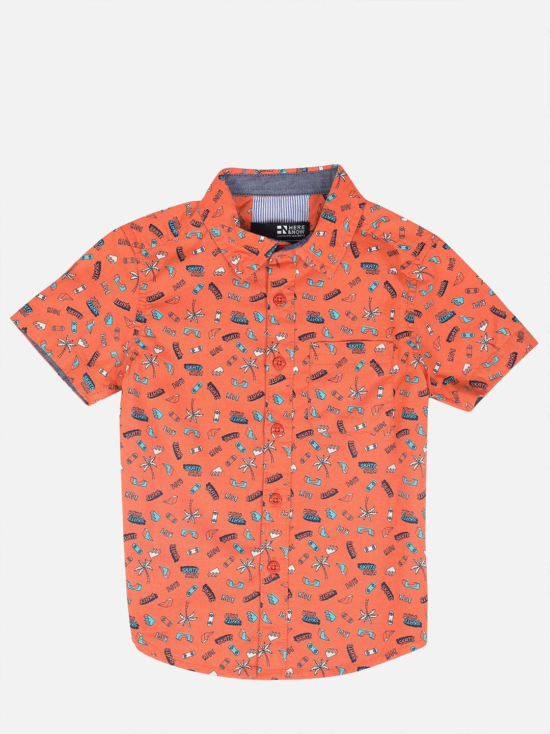 here&now boys orange slim fit printed casual shirt