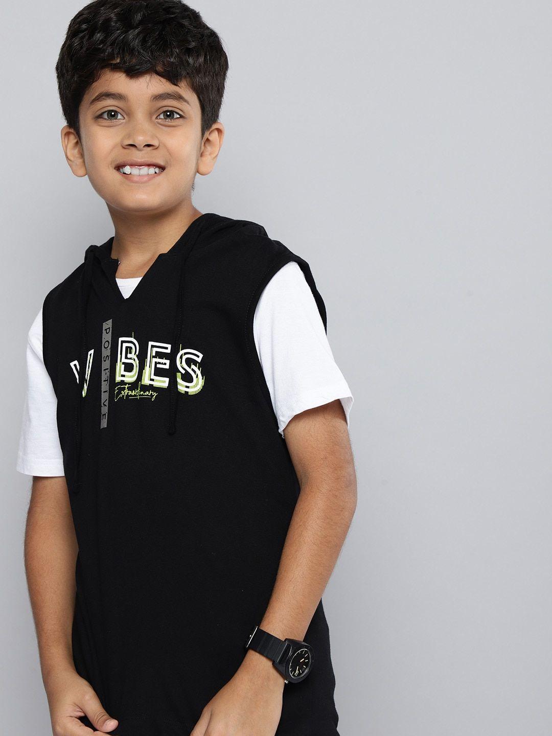 here&now boys printed pure cotton hooded sleeveless t-shirt