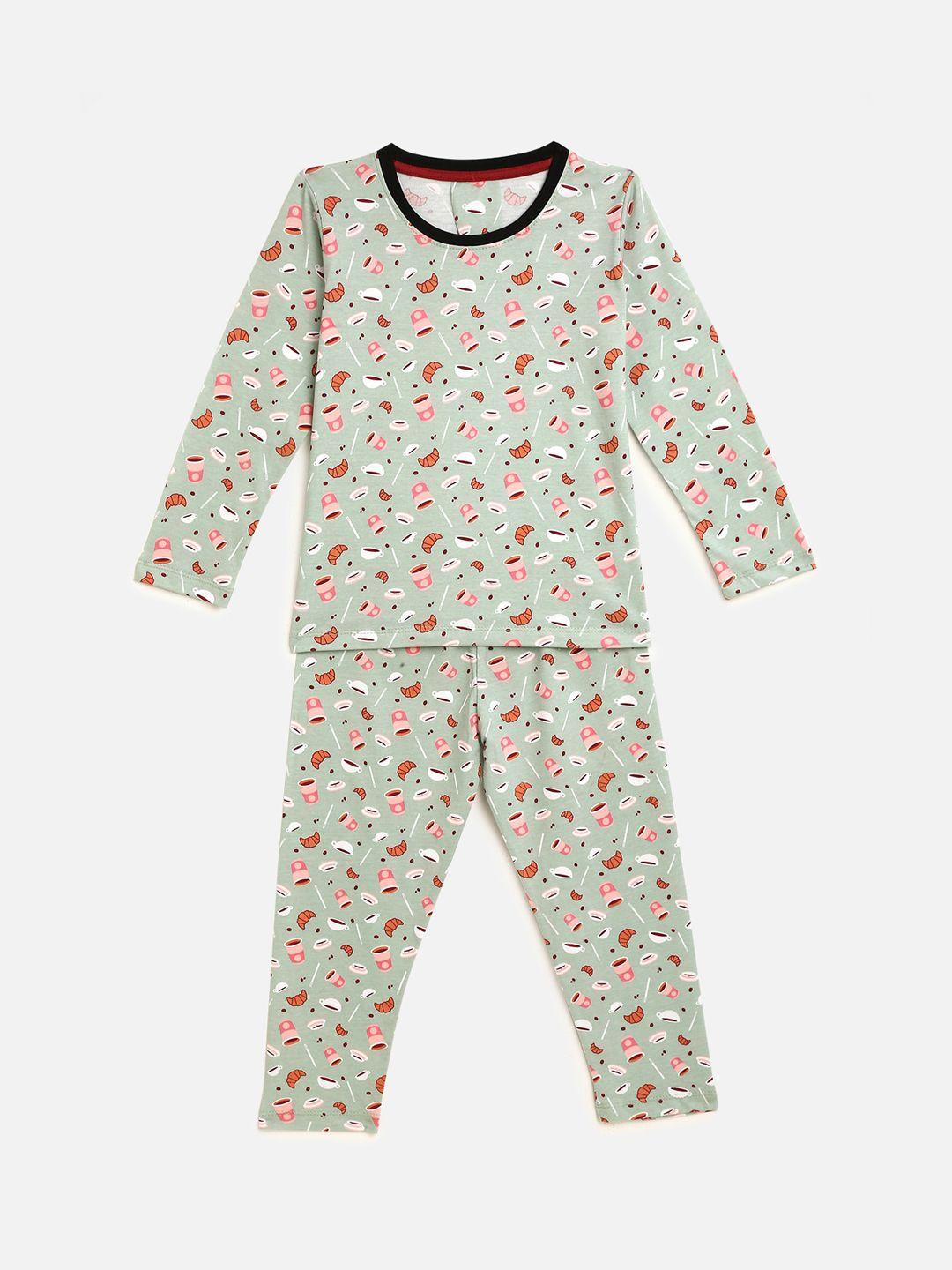 here&now boys sea green & brown printed night suit