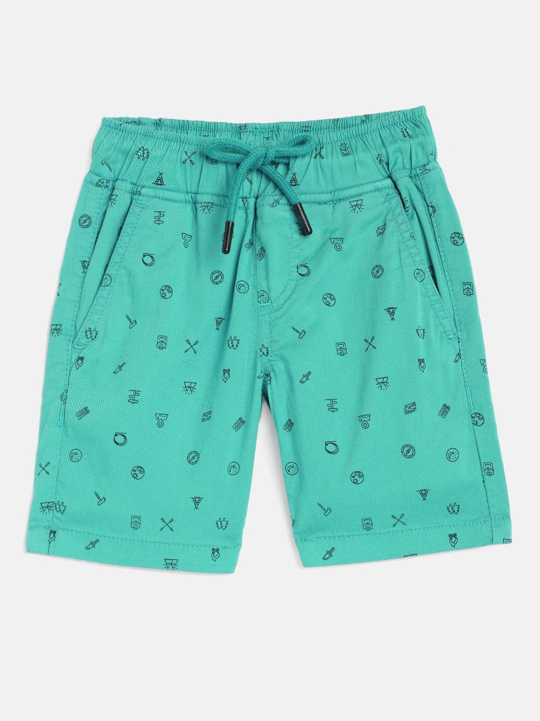 here&now boys sea green conversational printed slim fit chino shorts