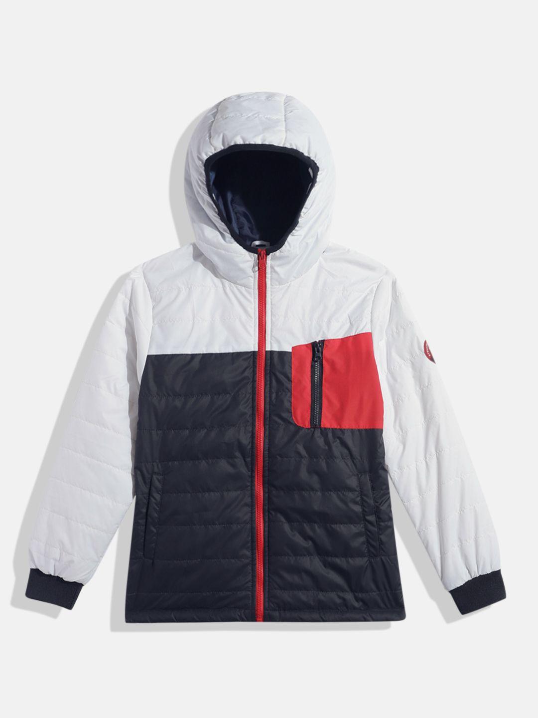 here&now boys white & navy blue colourblocked puffer jacket