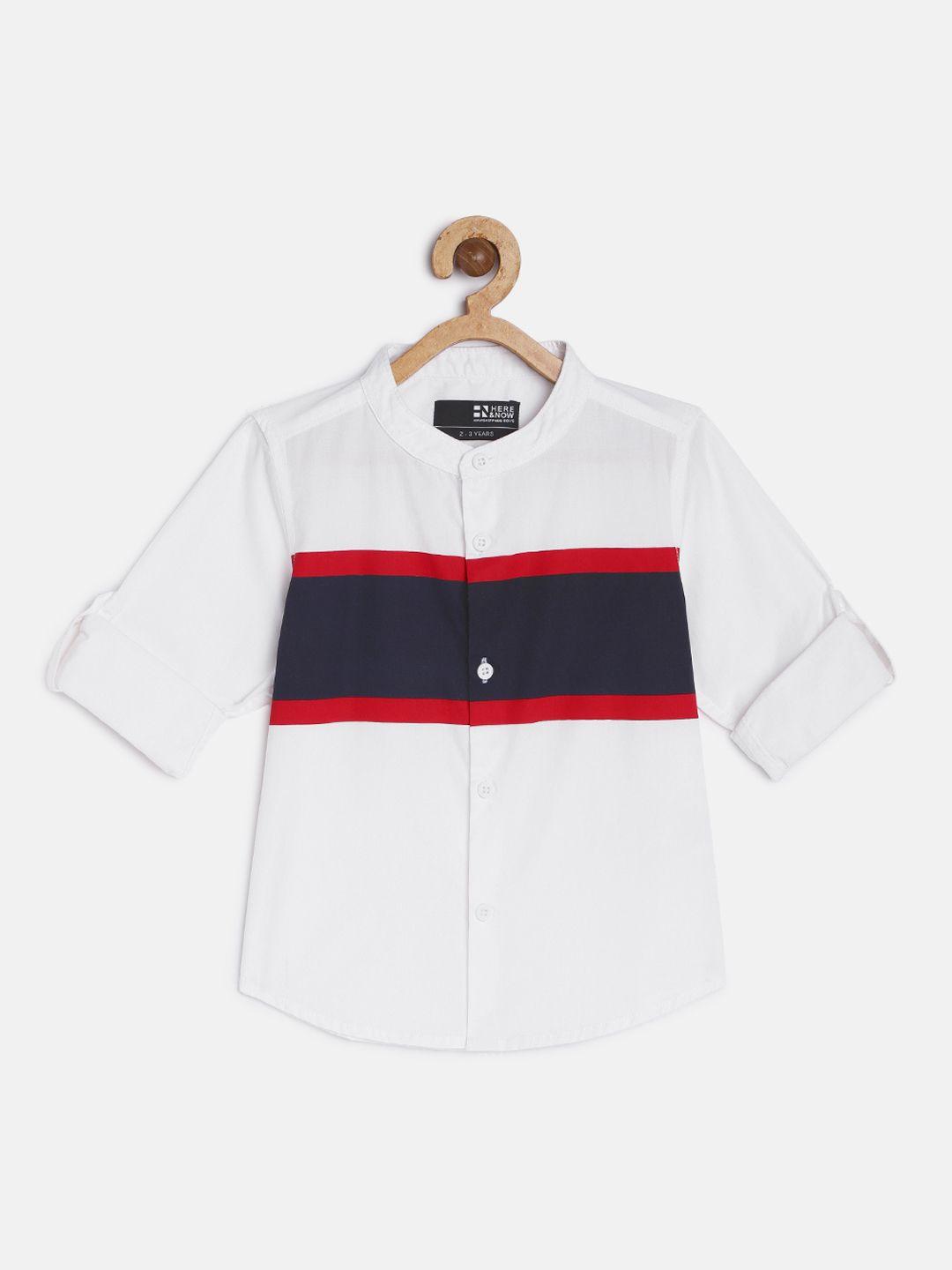 here&now boys white colourblocked regular fit pure cotton casual shirt