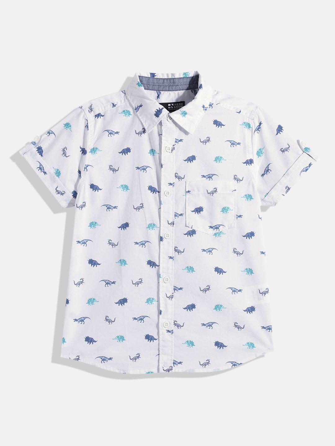 here&now boys white printed pure cotton casual shirt