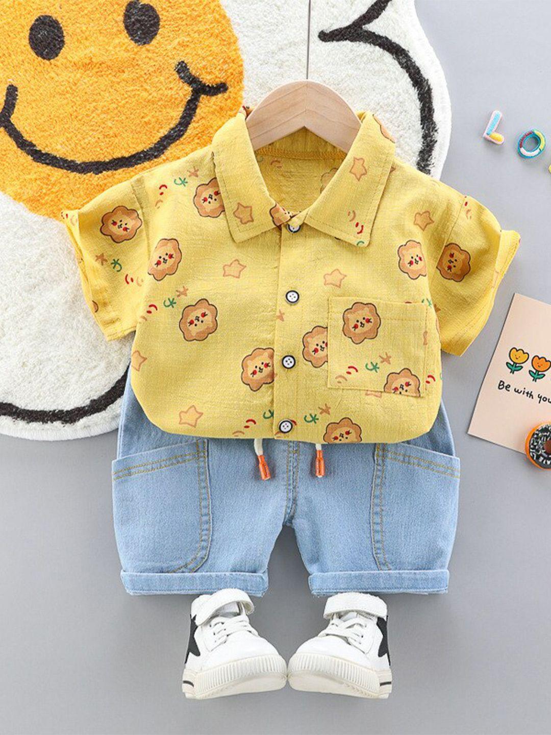 here&now boys yellow & blue printed shirt with shorts
