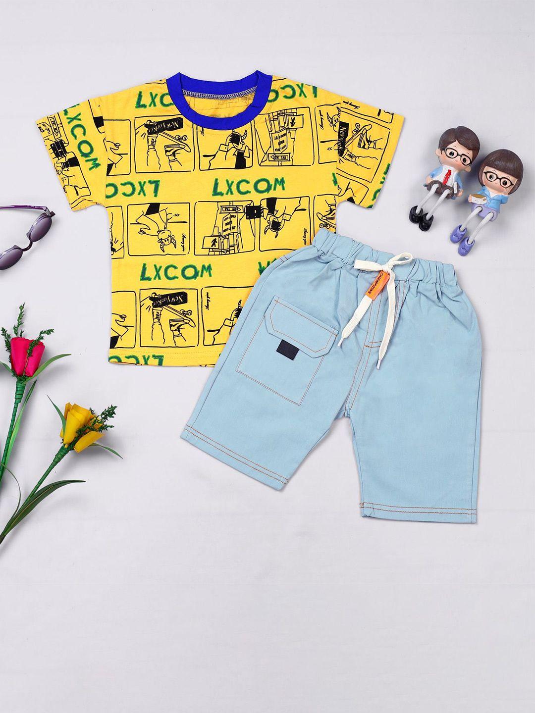 here&now boys yellow & blue printed t-shirt with shorts