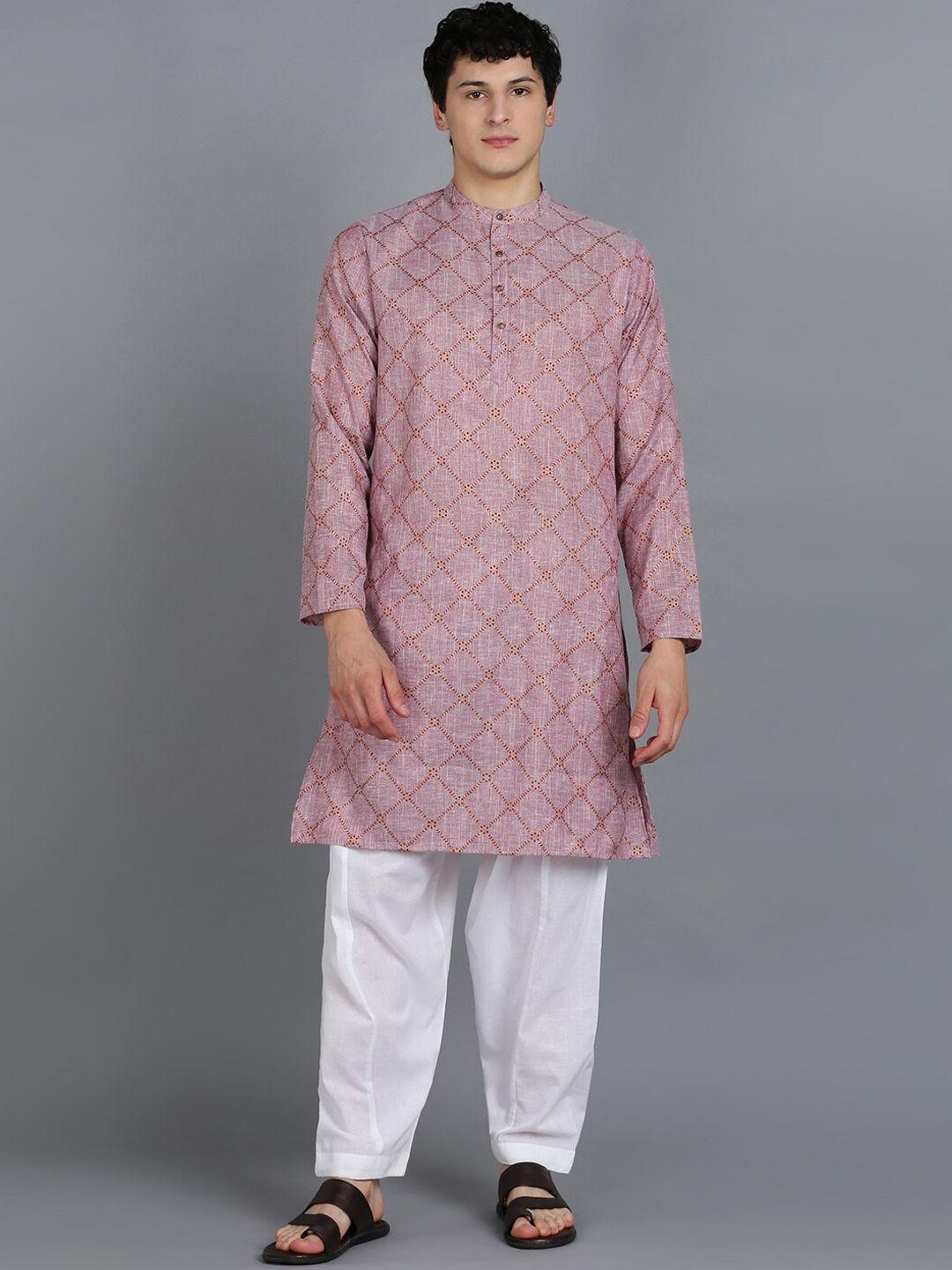 here&now brown & white ethnic motif printed band collar kurta with pyjamas