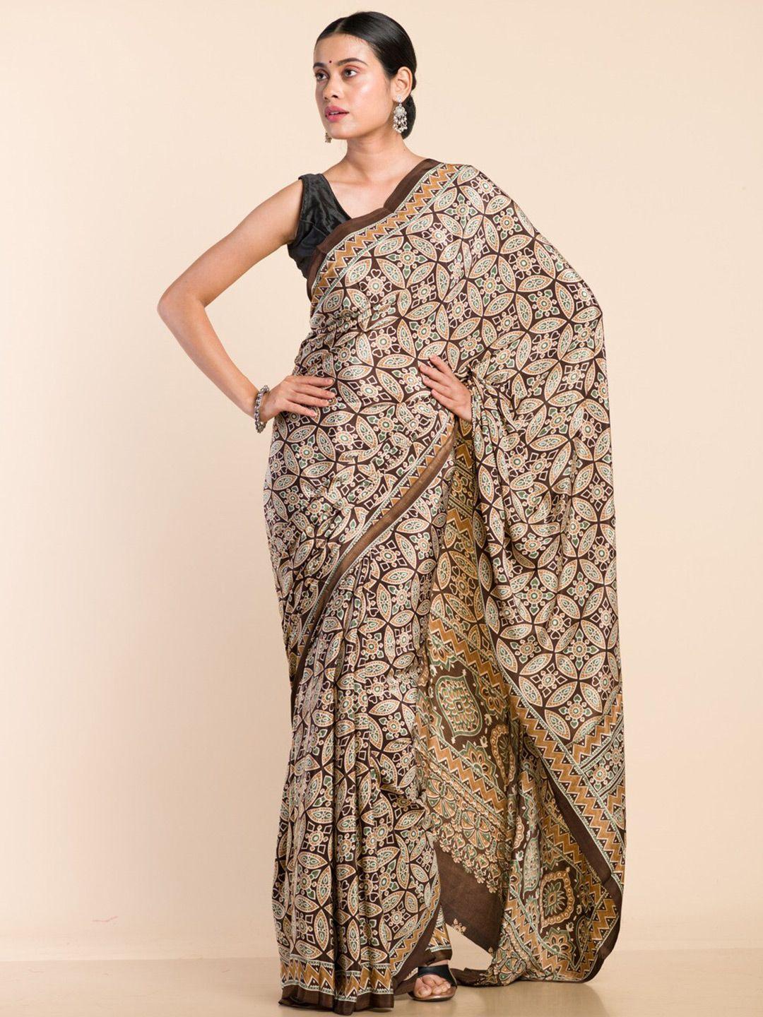 here&now brown & white ethnic motifs printed saree