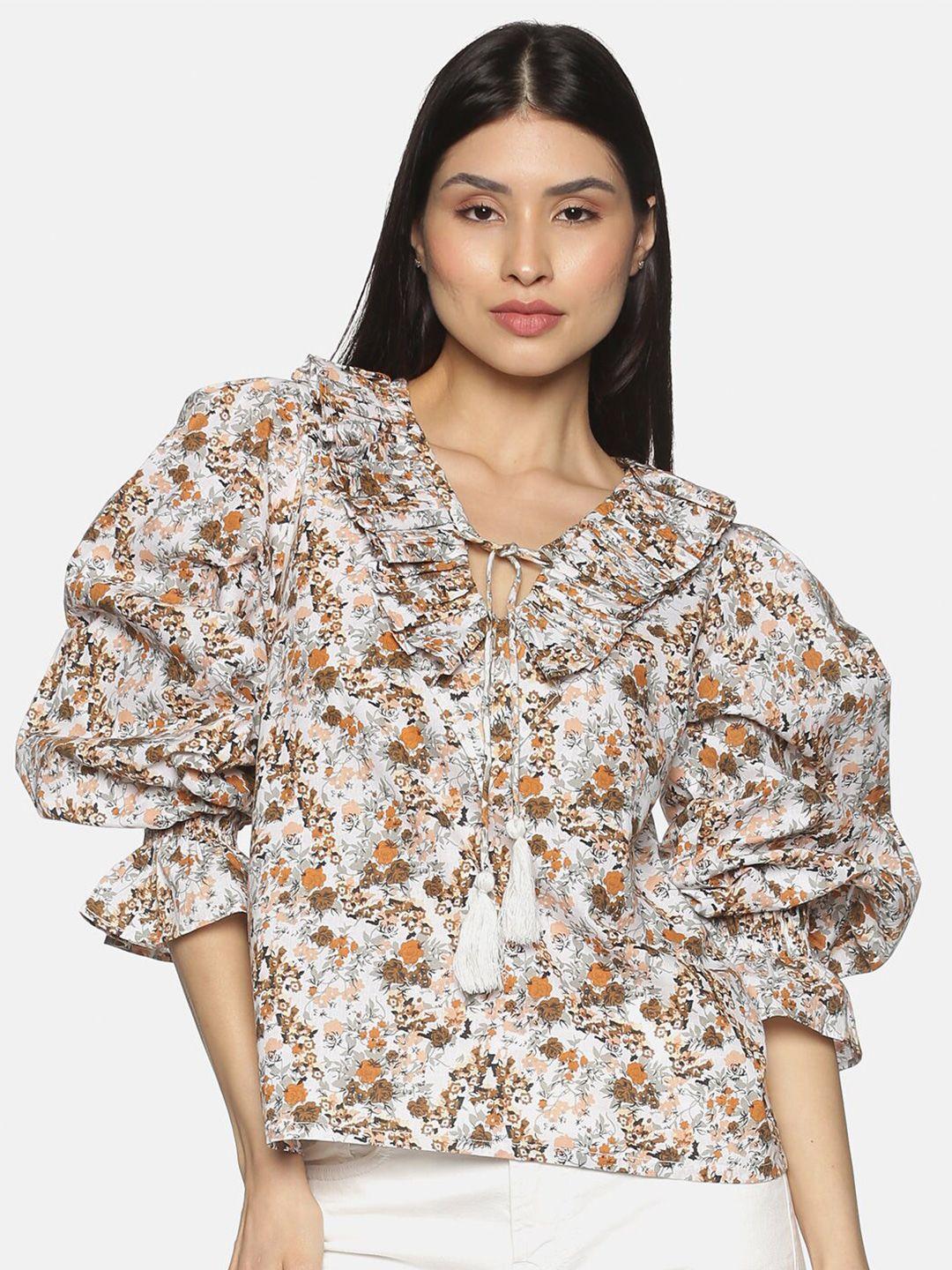 here&now brown floral printed pure cotton tie-up neck top