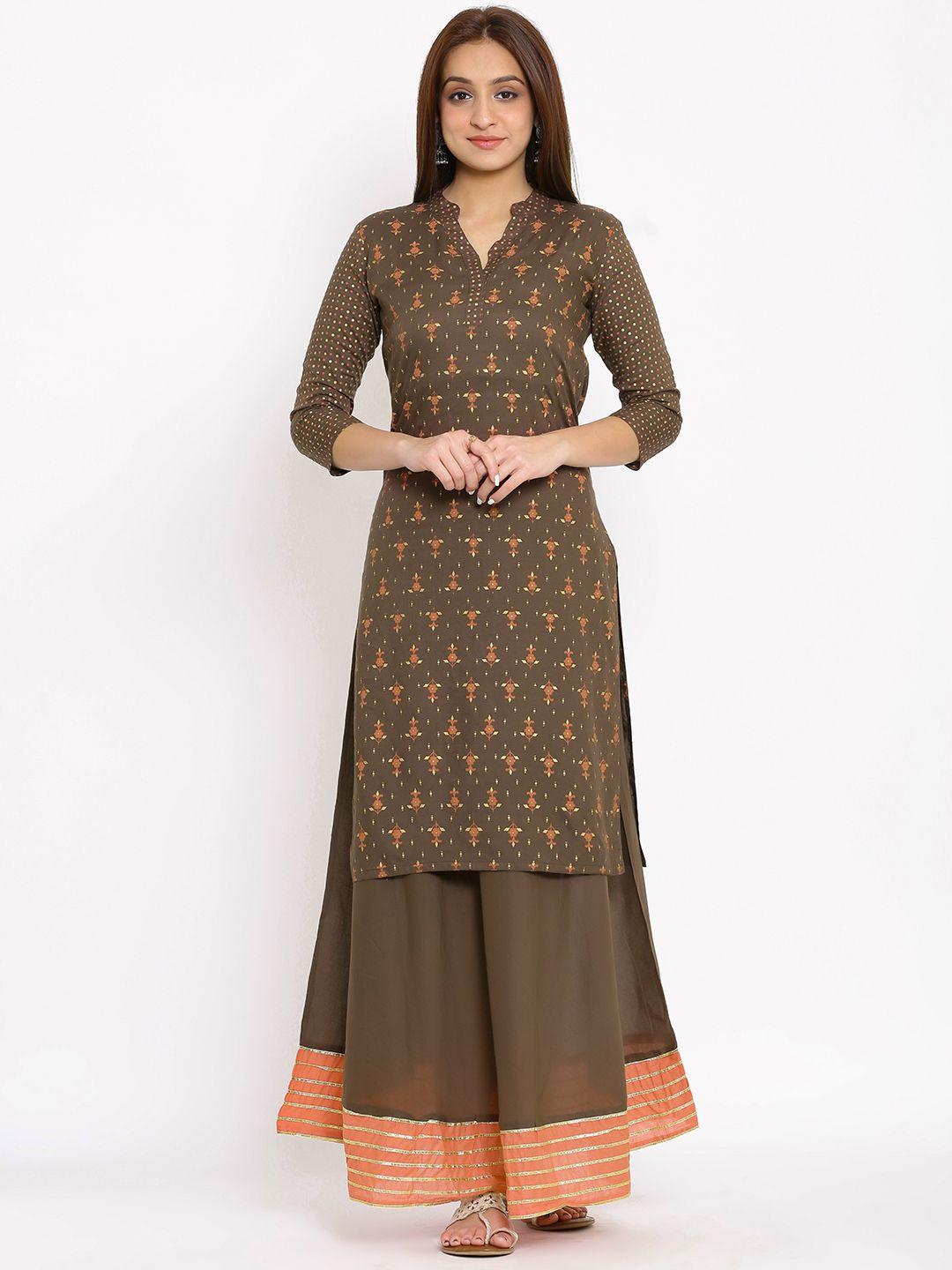 here&now brown mandarin collar ethnic motifs printed kurta