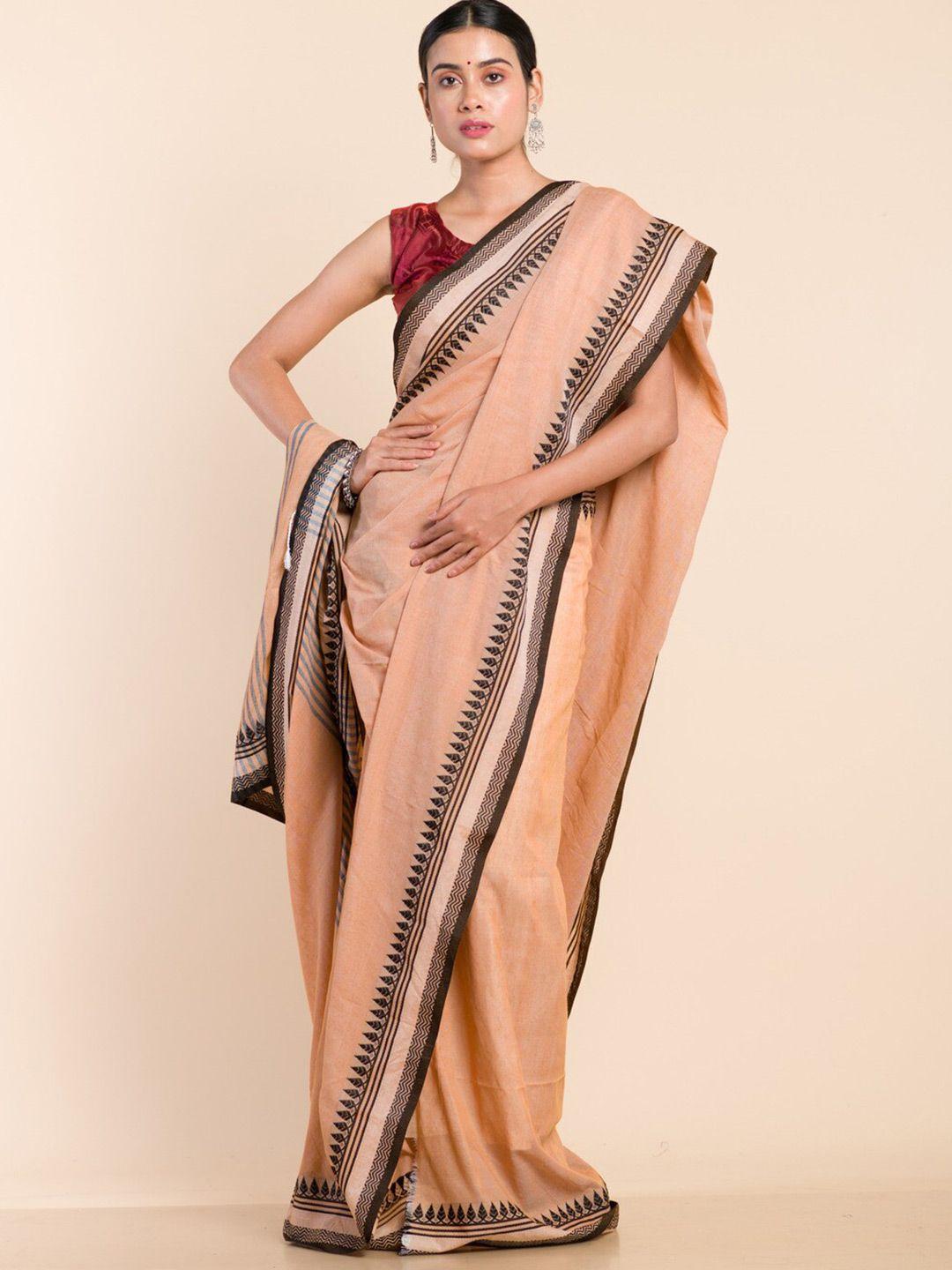 here&now camel brown & black pure cotton khadi saree