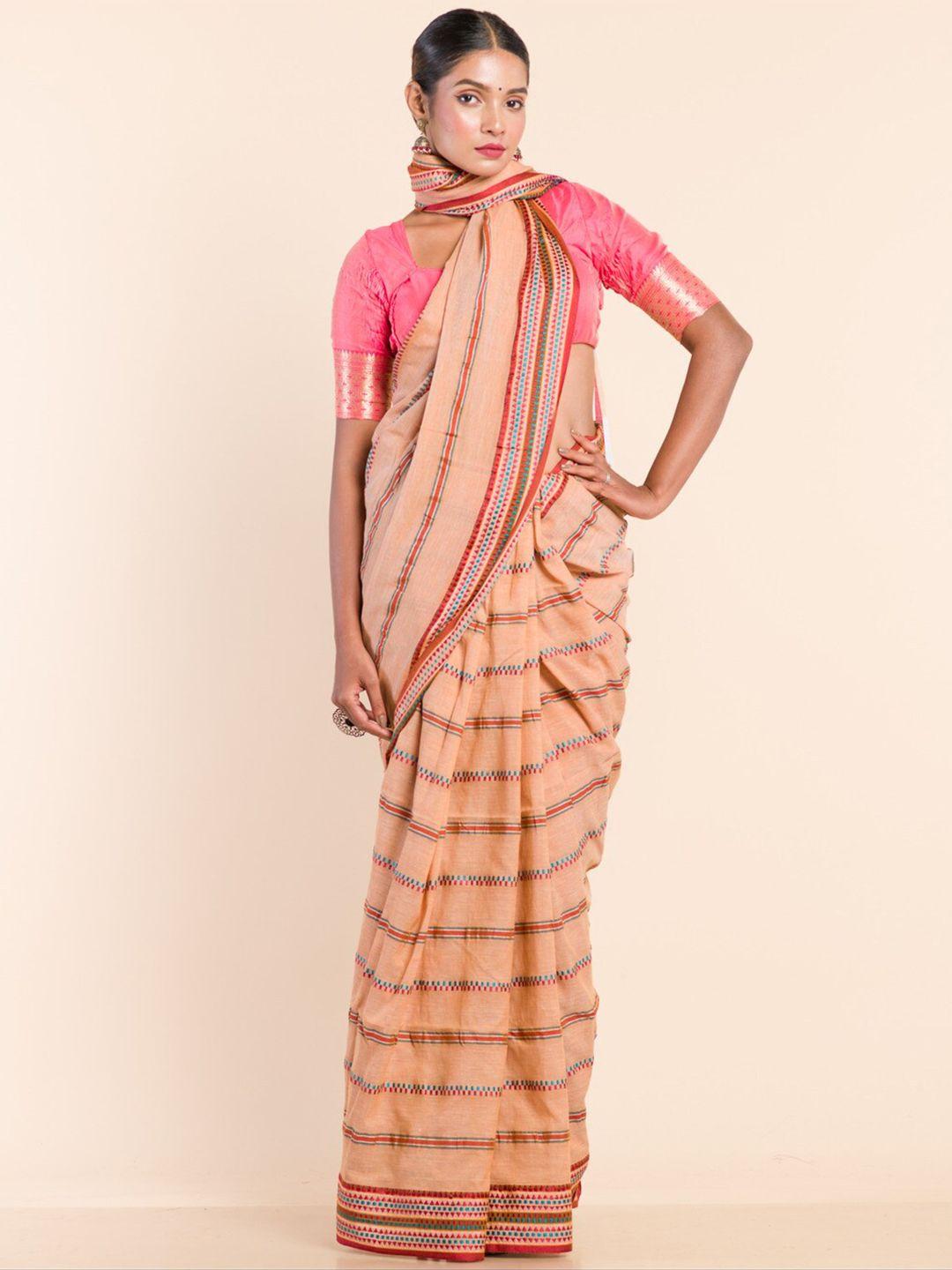 here&now camel brown woven design pure cotton khadi saree