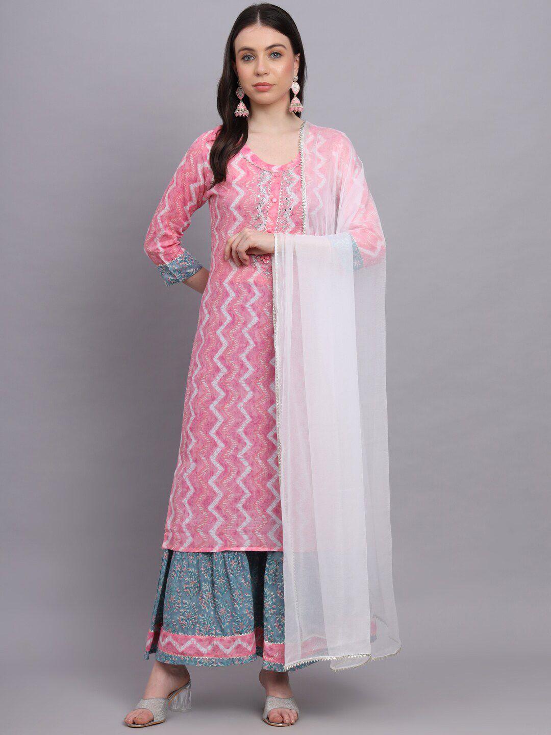 here&now chevron printed regular pure cotton kurta with sharara & dupatta