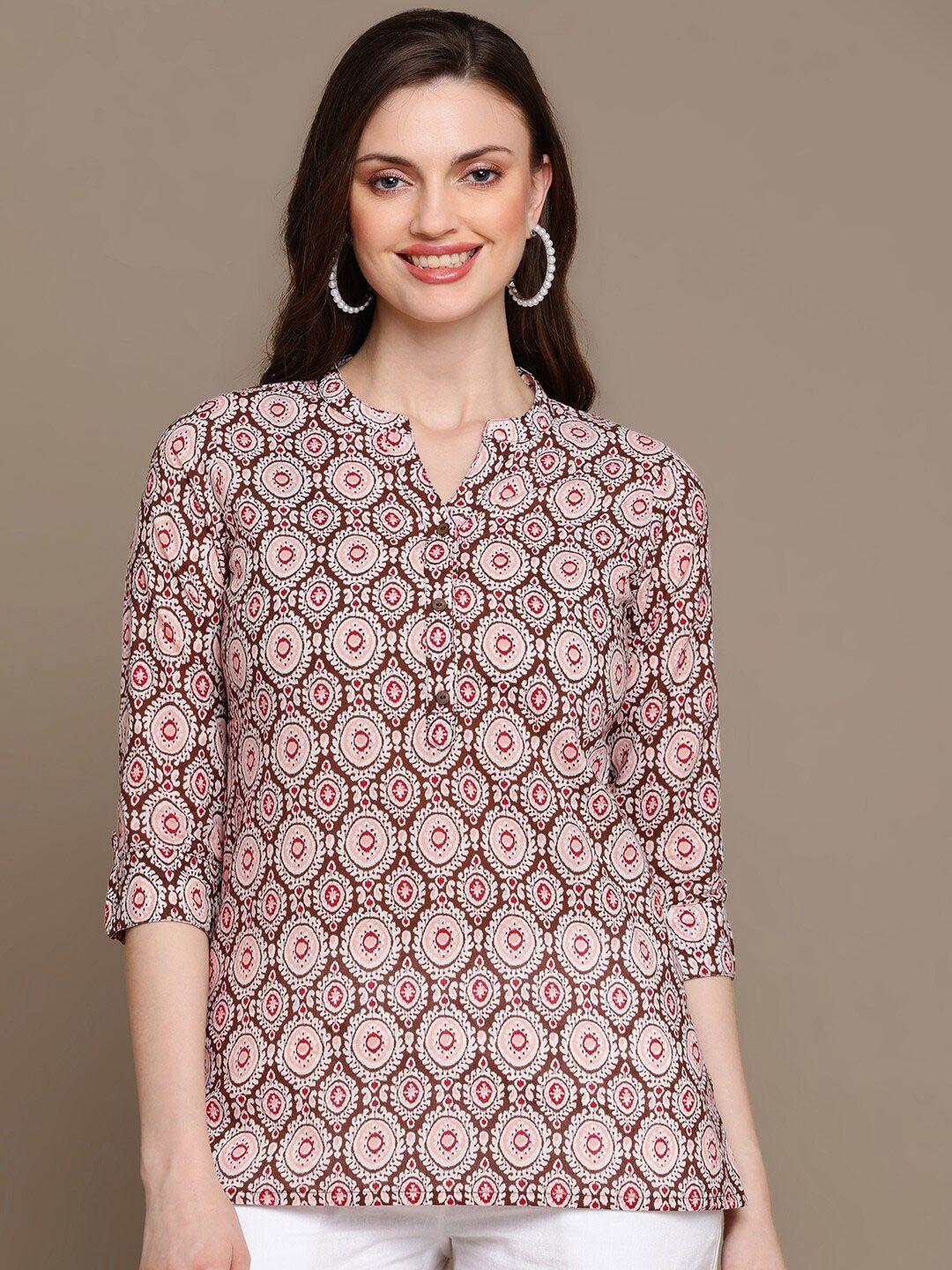 here&now coffee brown & pink ethnic motifs printed pure cotton kurti