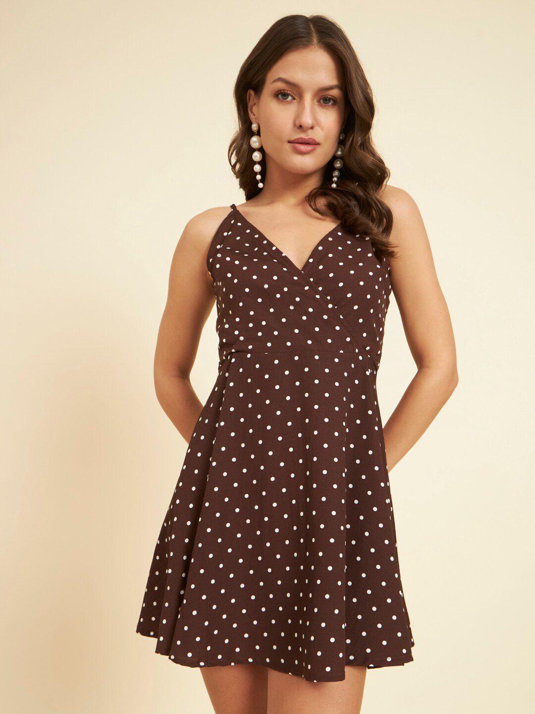 here&now coffee brown polka dot printed shoulder straps fit and flare mini dress