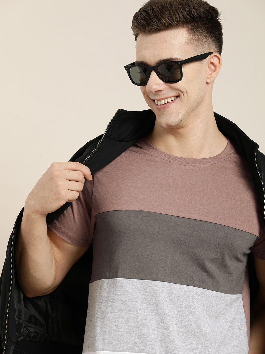 here&now colourblocked pure cotton casual t-shirt