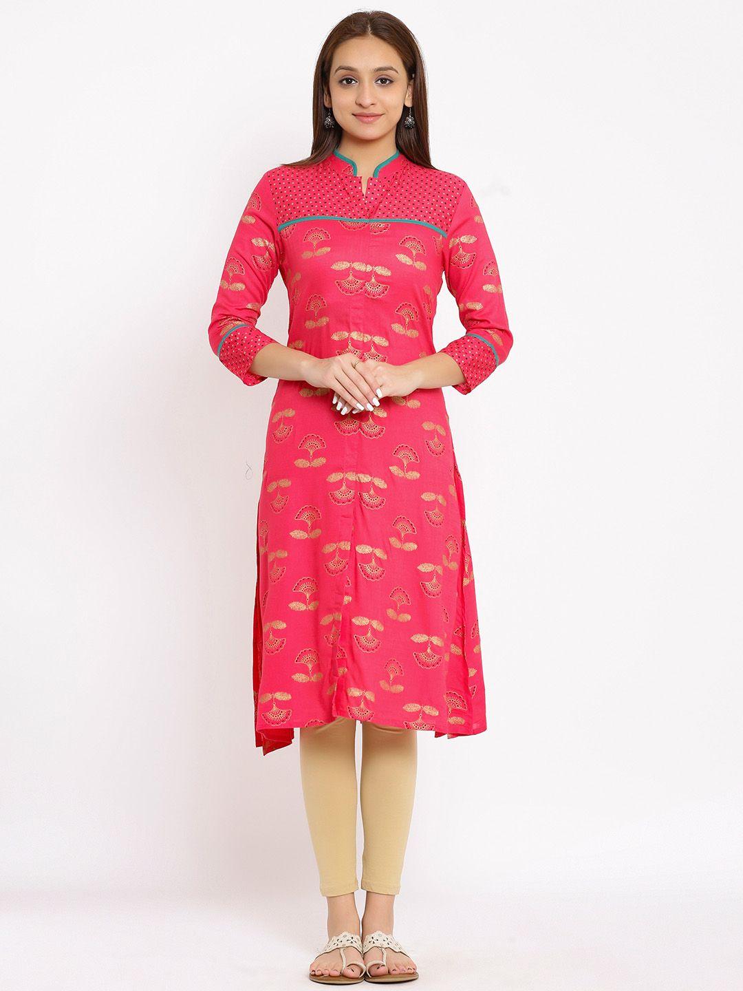 here&now coral mandarin collar ethnic motifs printed a-line kurta