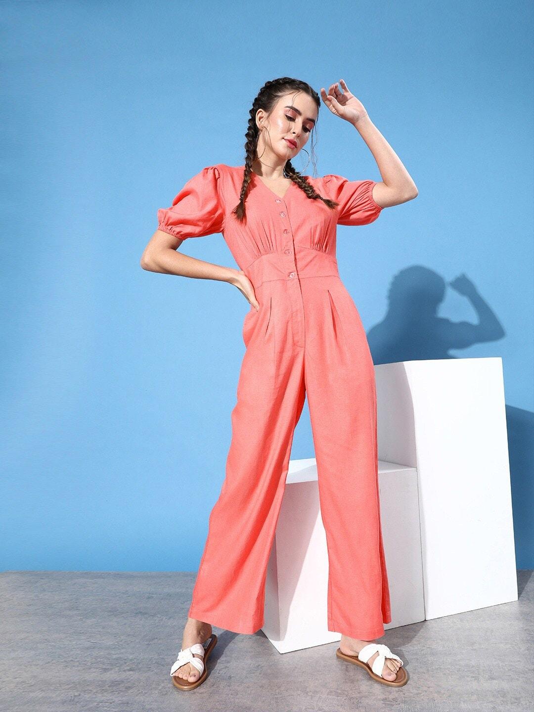 here&now coral puff sleeves basic jumpsuit