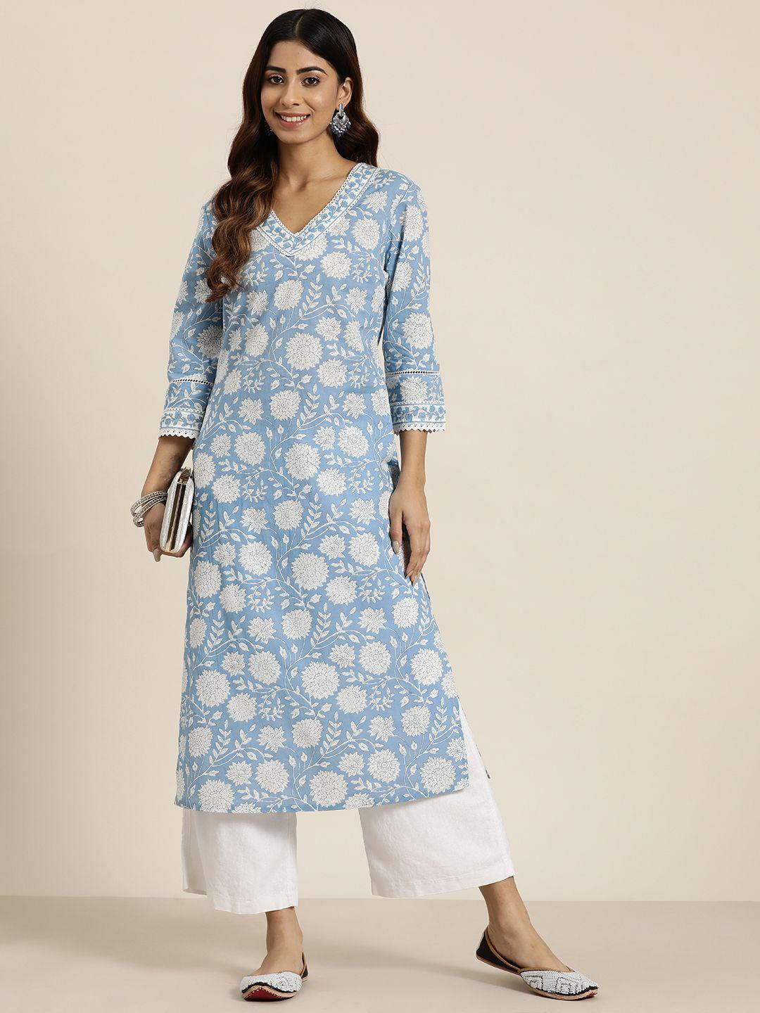 here&now cotton floral print crochet detail kurta