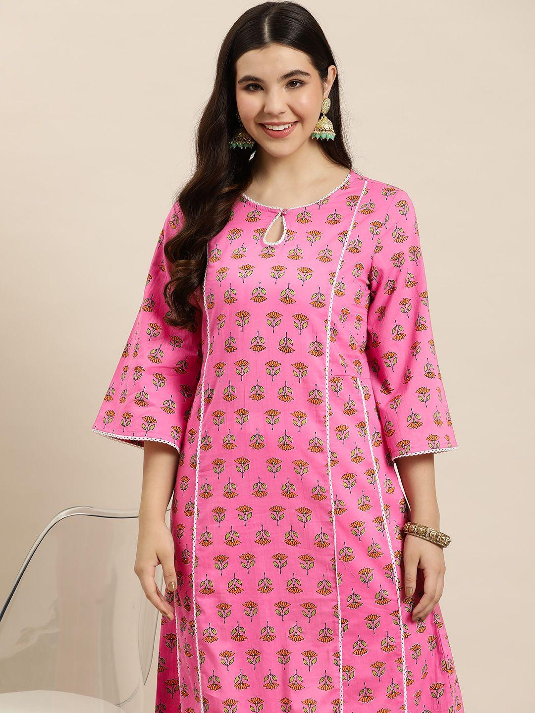 here&now cotton floral print keyhole neck kurta