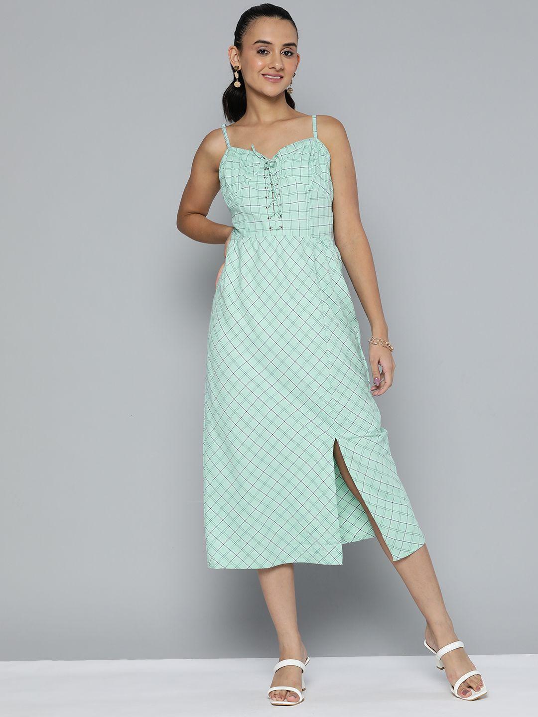 here&now cotton sweetheart neck checked a-line midi dress