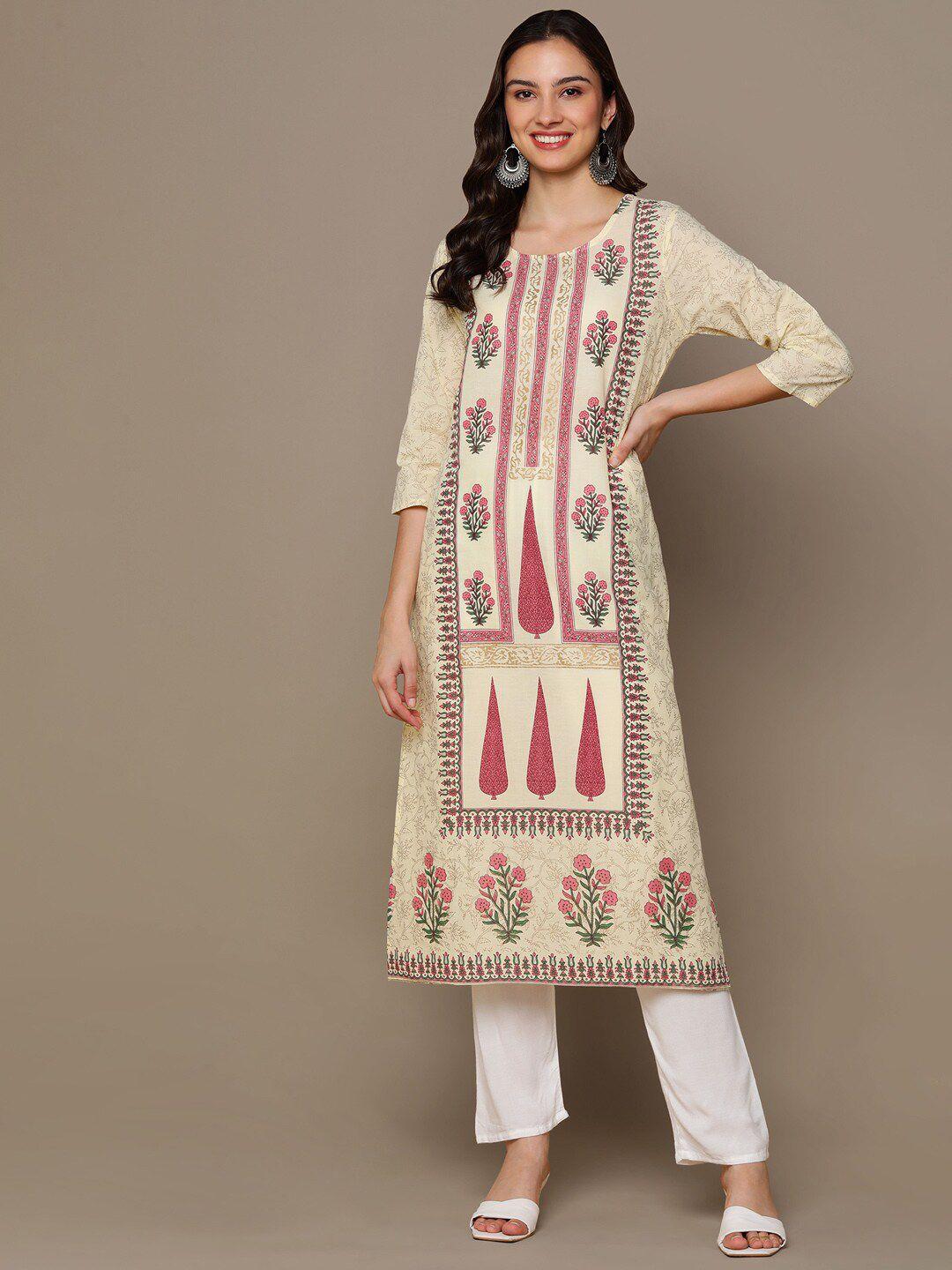 here&now cream-color & pink floral printed straight kurta