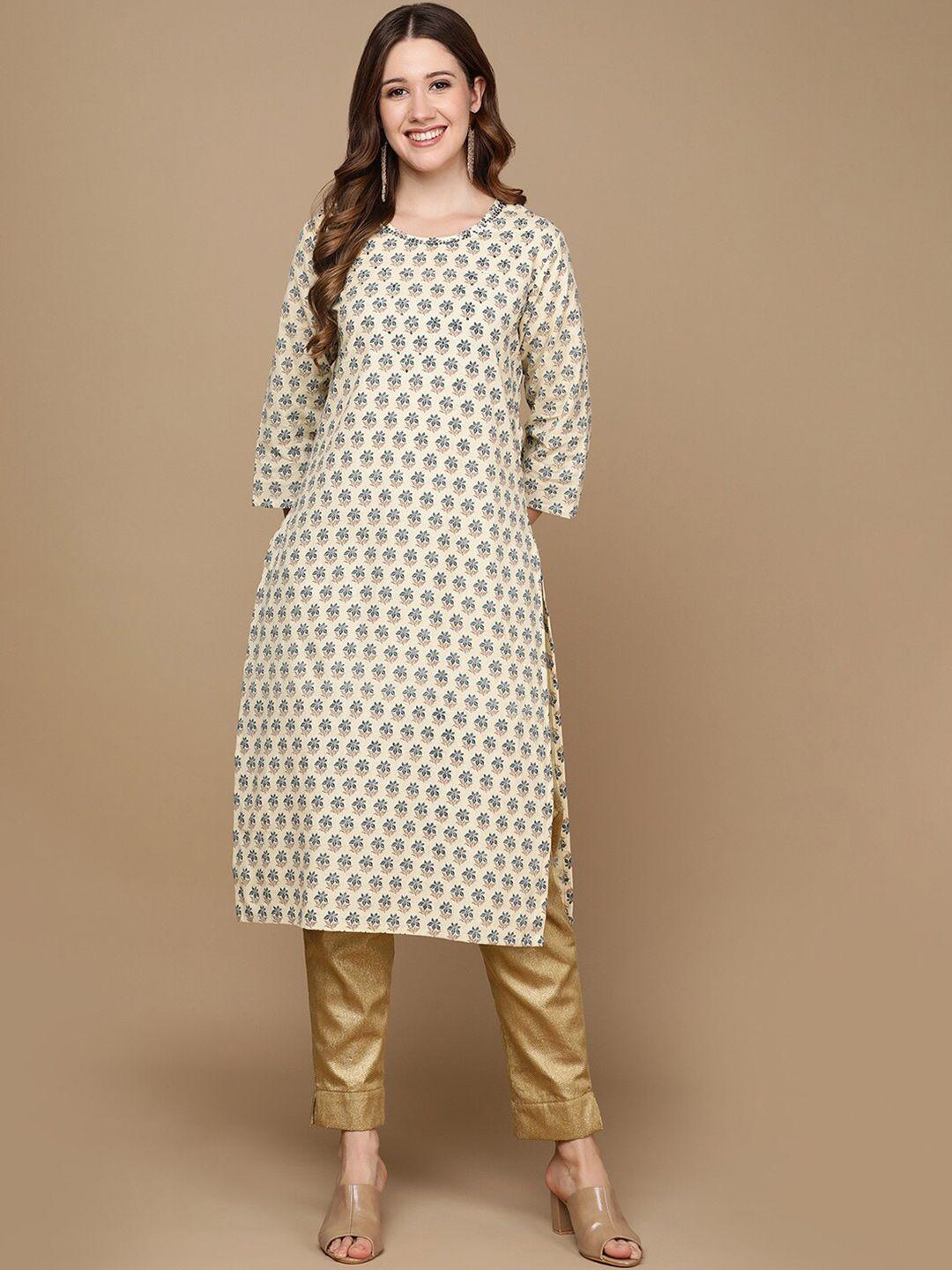 here&now cream-color & teal ethnic motifs printed sequined cotton kurta