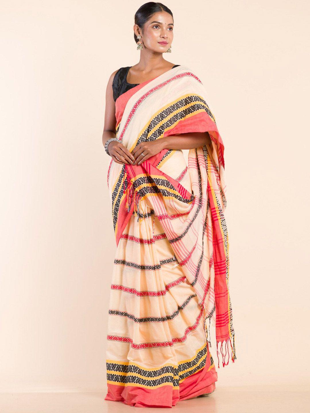 here&now cream-coloured & black woven design pure cotton khadi saree