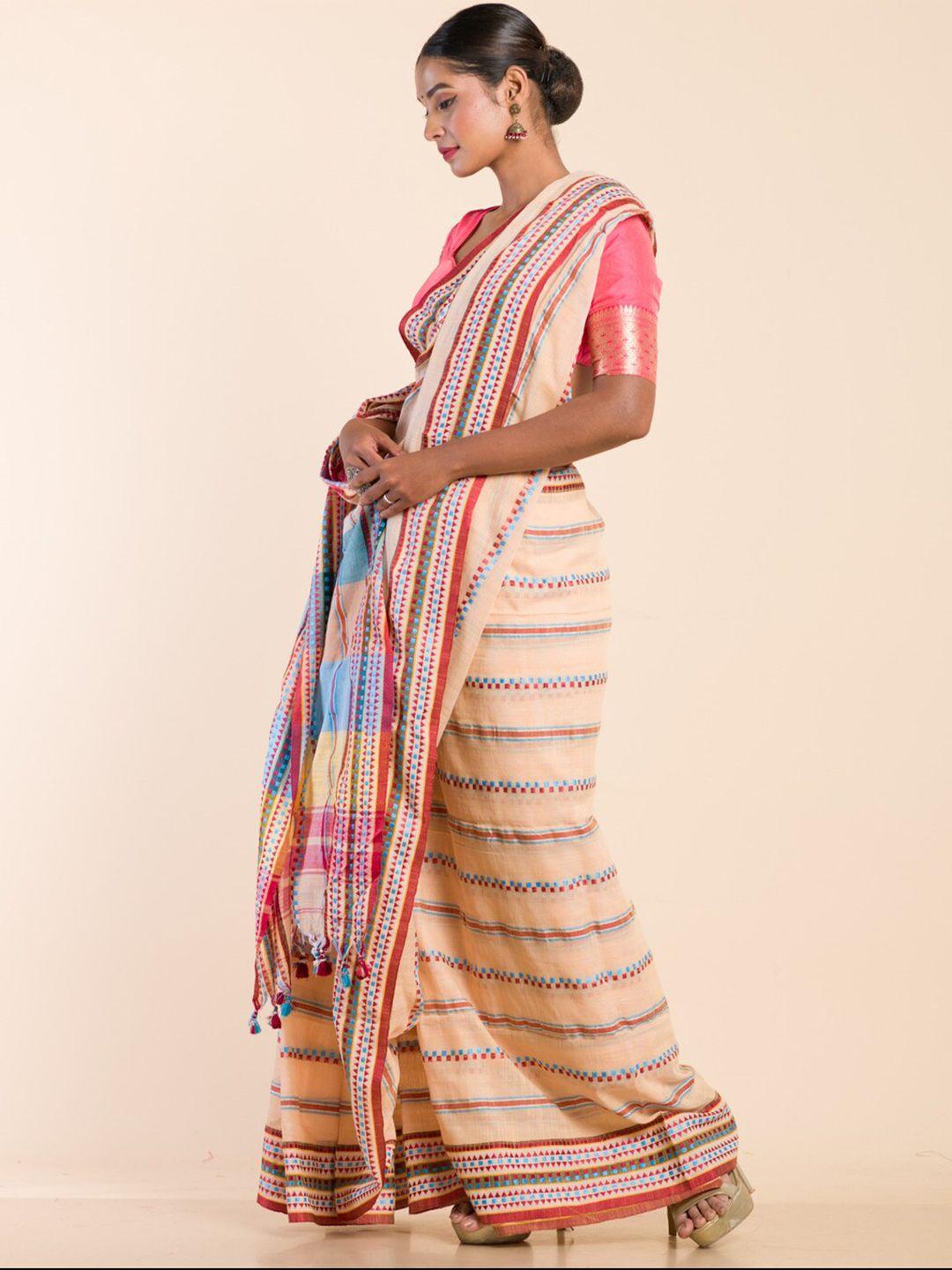 here&now cream-coloured & pink woven design pure cotton khadi saree