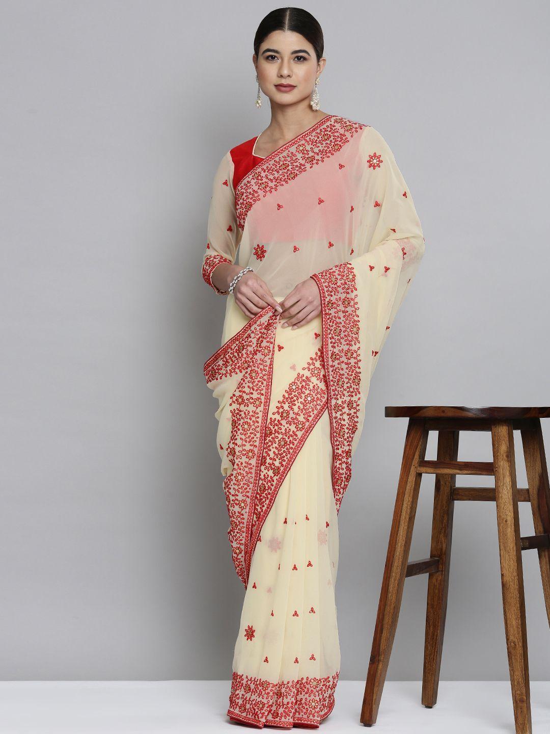 here&now cream-coloured & red floral embroidered pure georgette saree