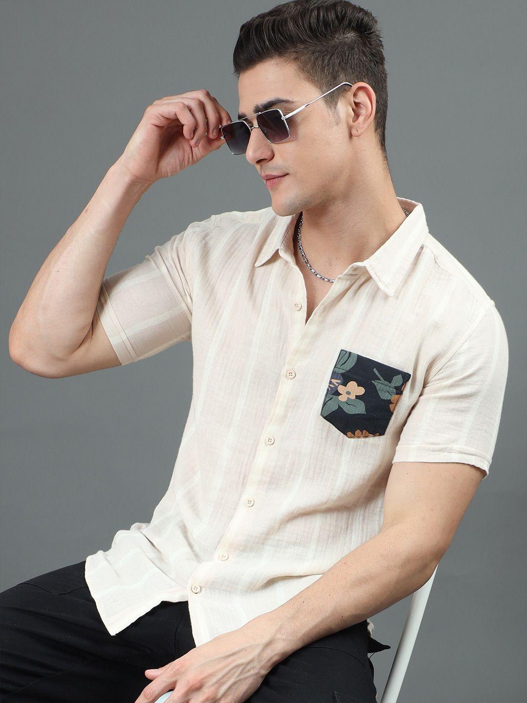 here&now cream-coloured slim fit spread collar cotton casual shirt