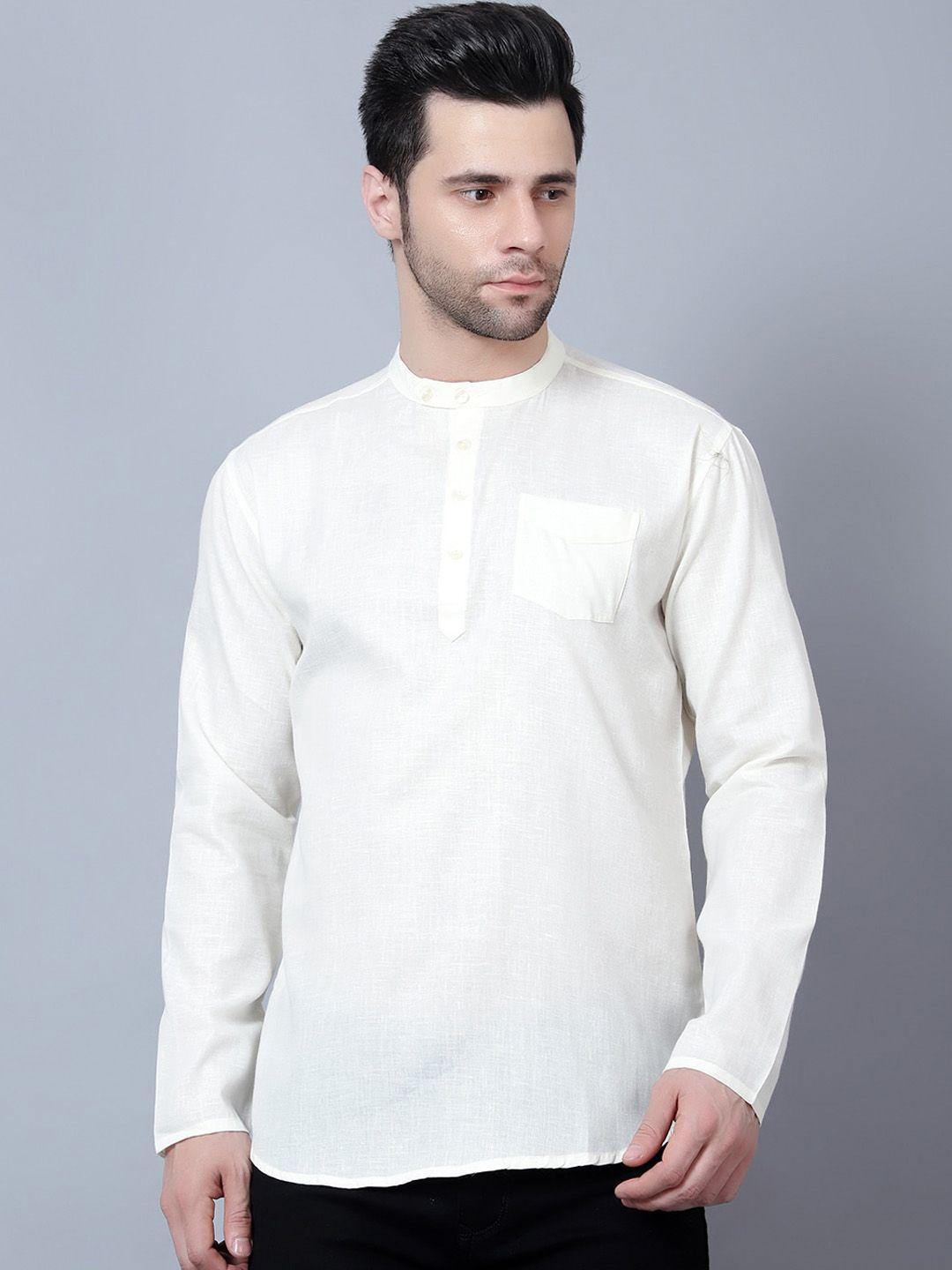 here&now cream mandarin collar cotton  regular short kurta