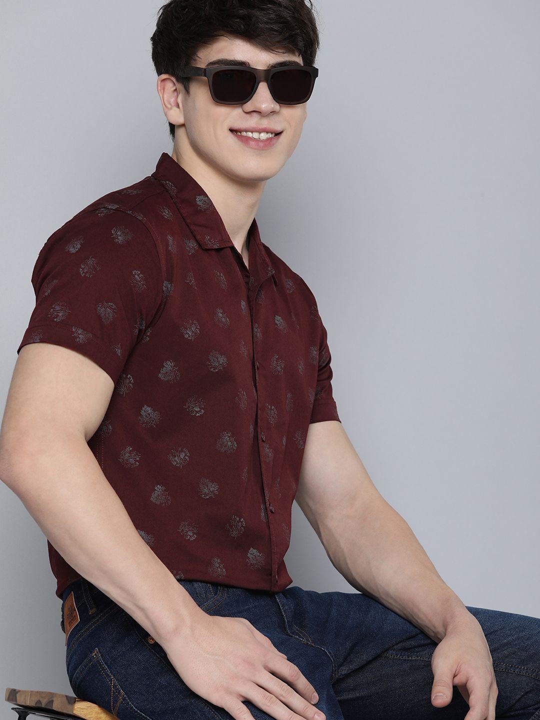 here&now cuban collar slim fit floral printed pure cotton casual shirt