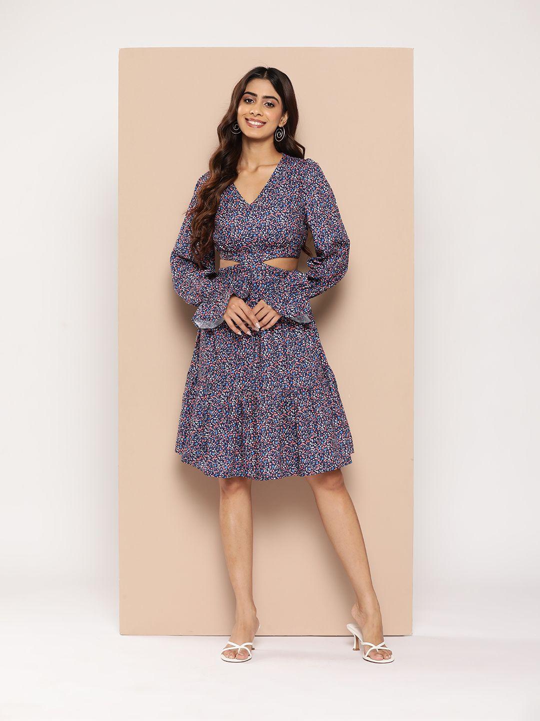 here&now ditsy floral print puff sleeves cut-out detail a-line dress