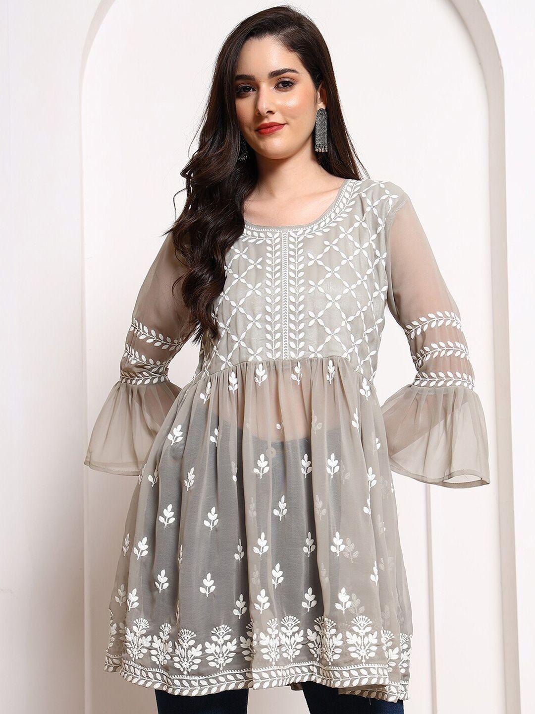 here&now embroidered a-line round neck bell sleeve kurti