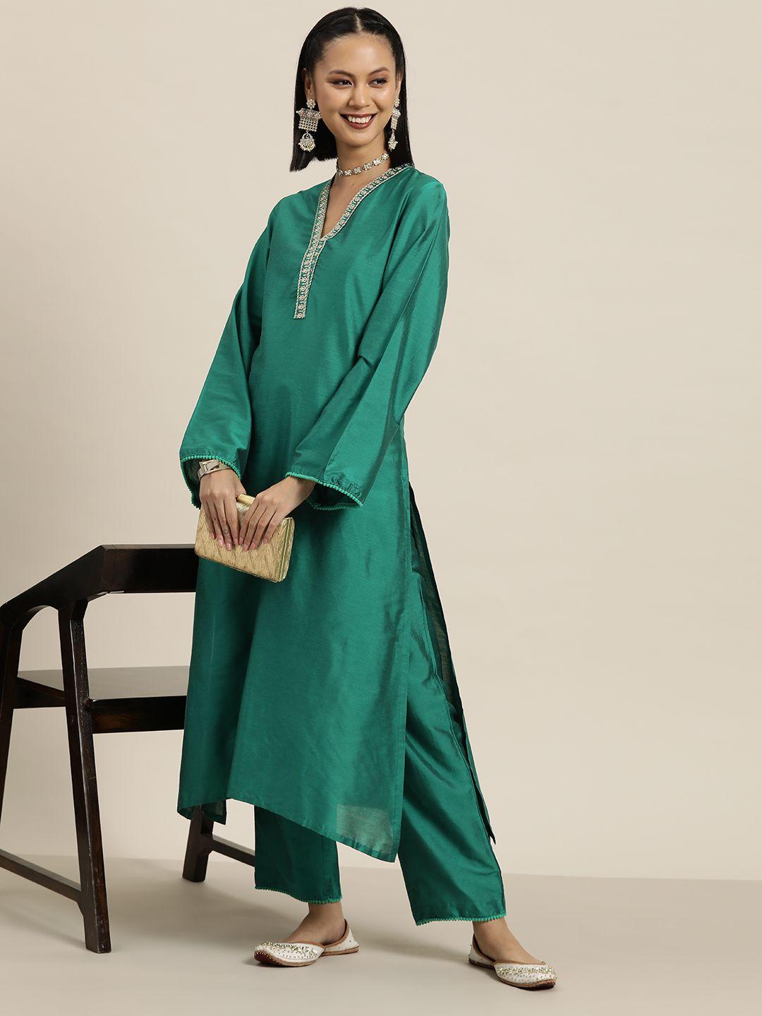 here&now embroidered detail high low hem a-line kurta with trousers