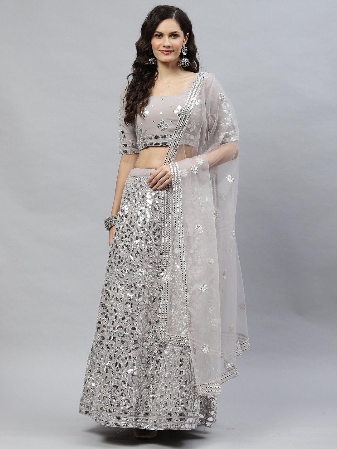 here&now embroidered mirror work semi-stitched lehenga & unstitched blouse with dupatta
