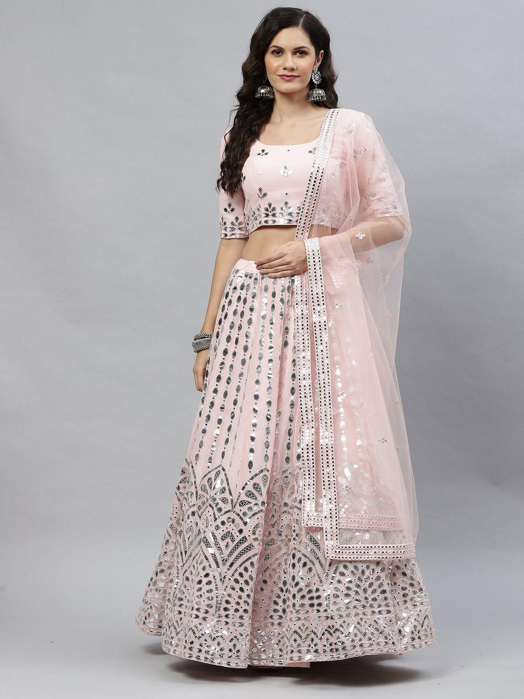 here&now embroidered mirror work semi-stitched lehenga & unstitched blouse with dupatta