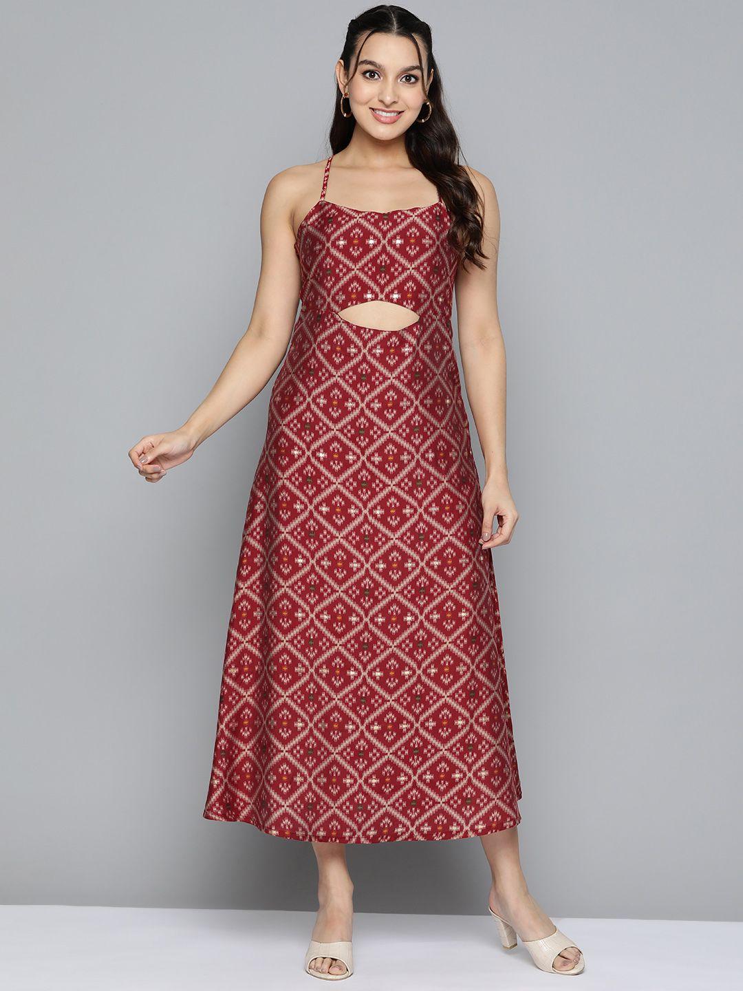 here&now ethnic motif print shoulder strap maxi ethnic dress