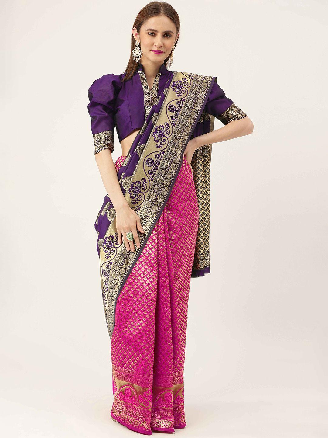 here&now ethnic motif woven design zari half and half kanjeevaram saree