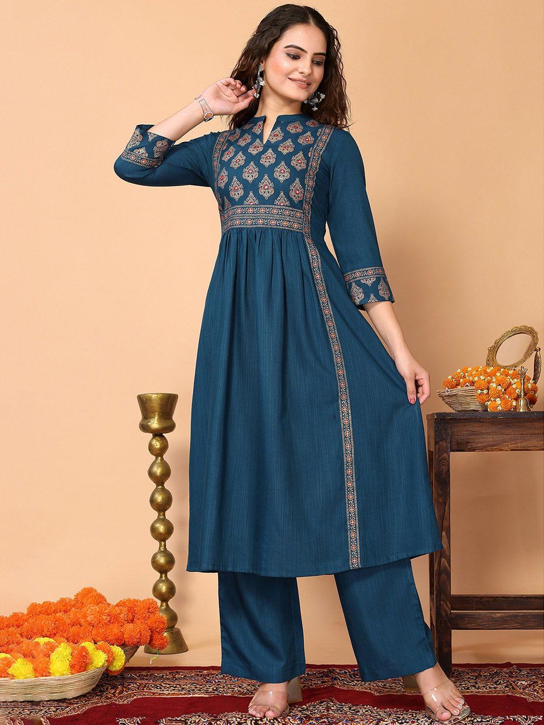 here&now ethnic motif yoke design mandarin collar a-line kurta with trousers