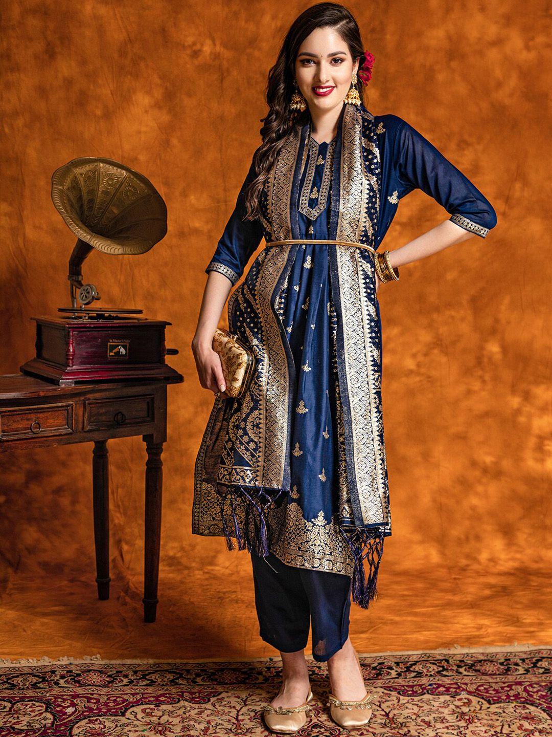 here&now ethnic motifs chanderi silk a-line zari kurta with trousers & dupatta