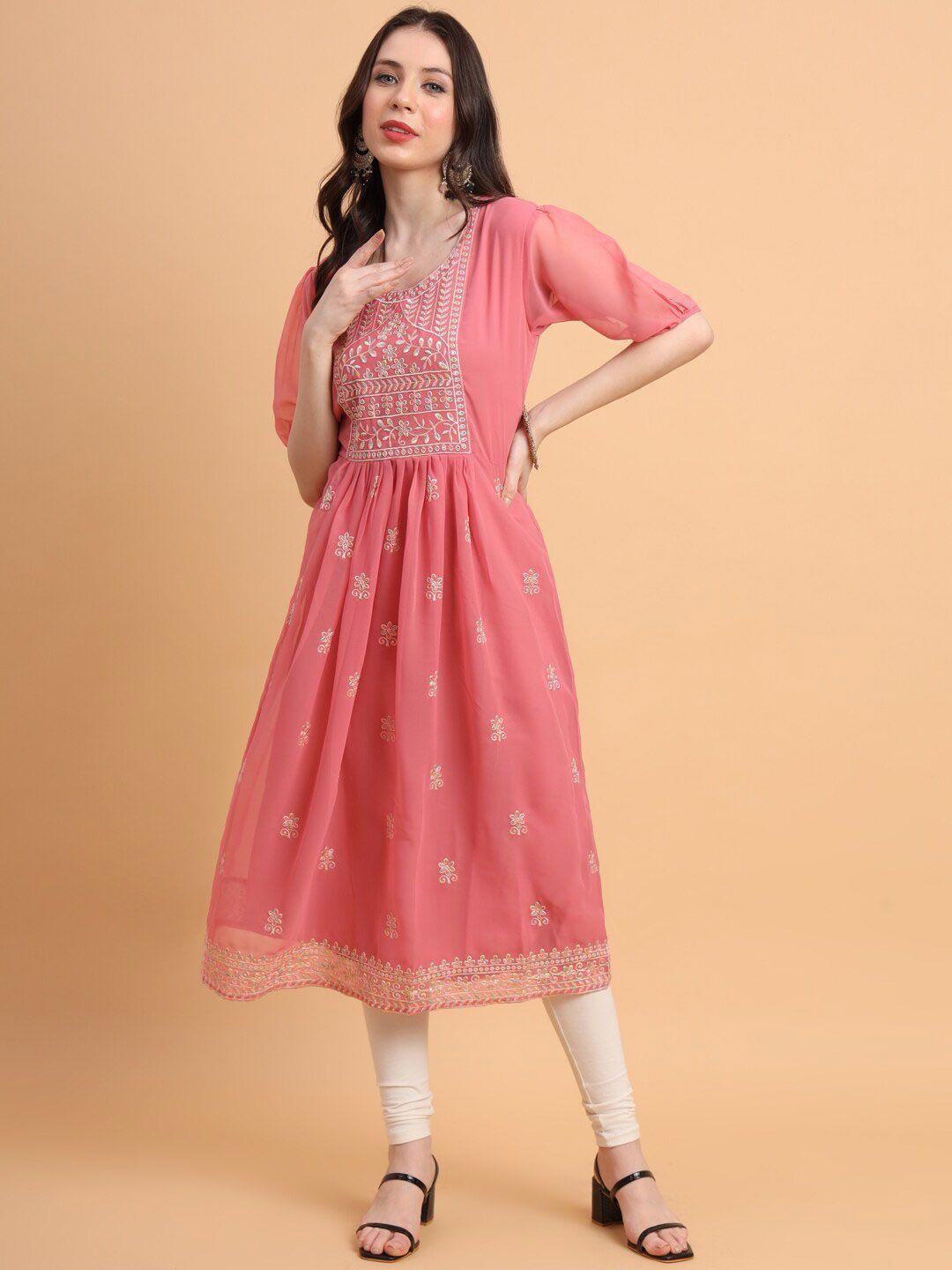 here&now ethnic motifs embroidered georgette puff sleeves pleated a-line kurta