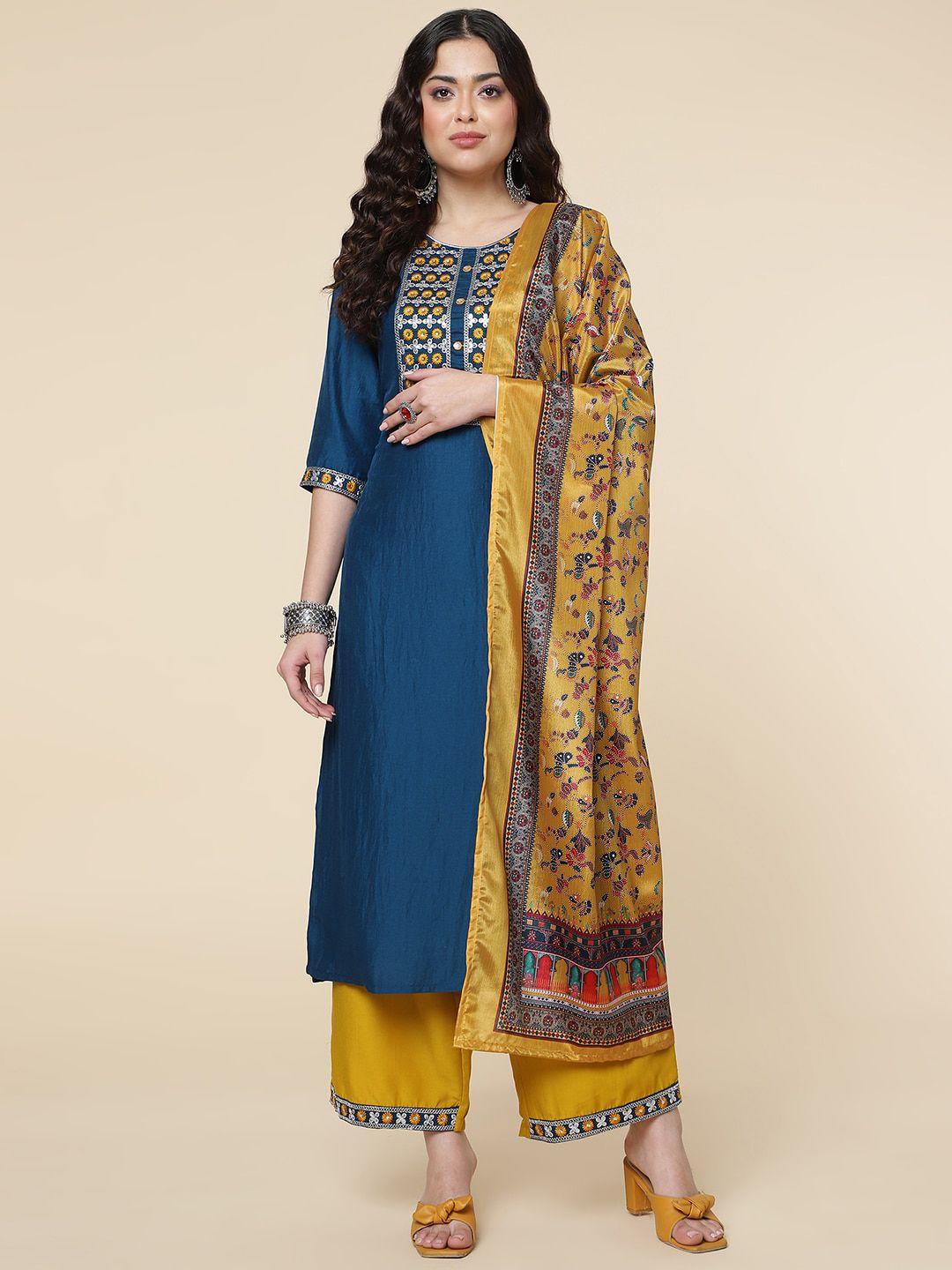 here&now ethnic motifs embroidered mirror work jute silk kurta with trousers & dupatta